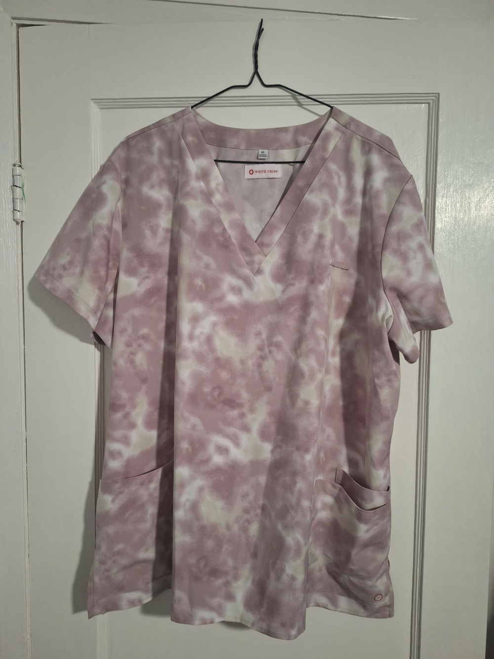 White Cross Lavender Tie-Dye V-Neck Scrub Top